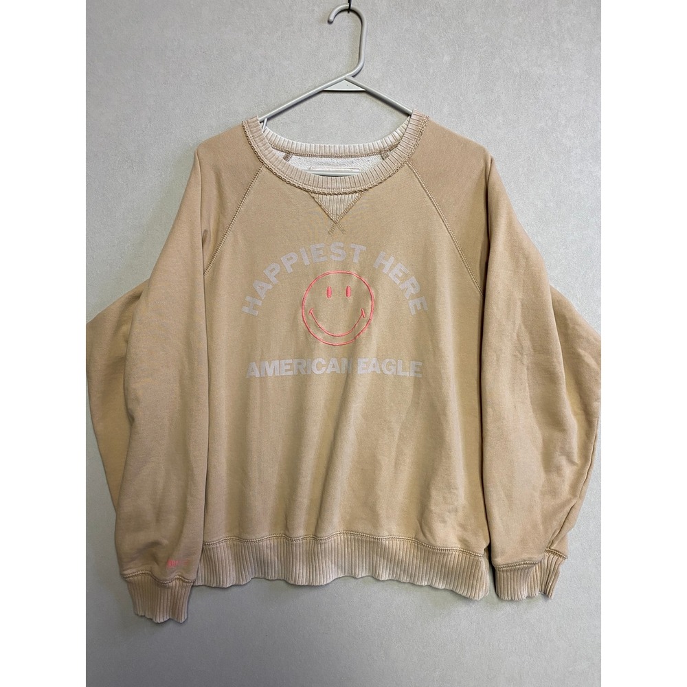 American Eagle Happiest Here Smiley Face Sweatshirt Tan Raglan Lived-In Large